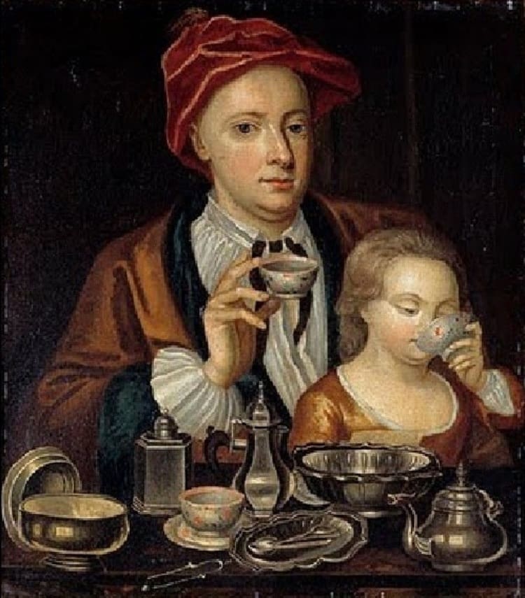 1720 Man and Child Drinking Tea with no tea cup handles
